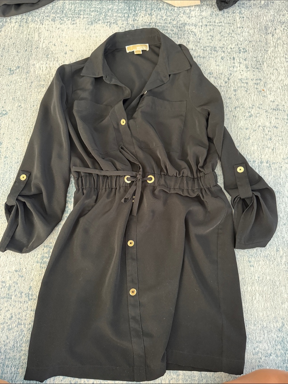 Michael Kors Black Mini Shirt Dress with Gold Buttons
